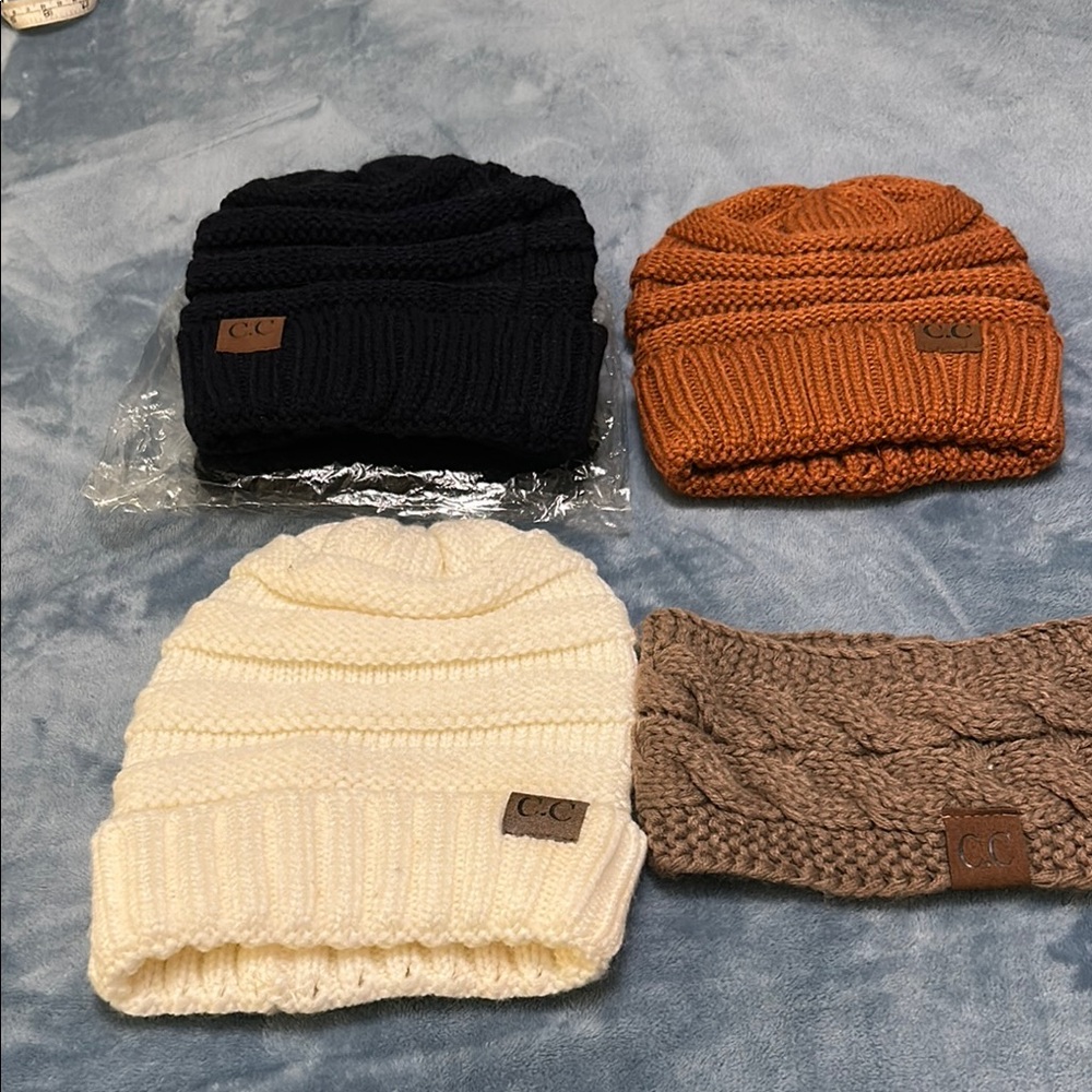 C.C Classic knit Beanie Hats - (2) Black, Tabasco , Cream, Brown band NWOT.